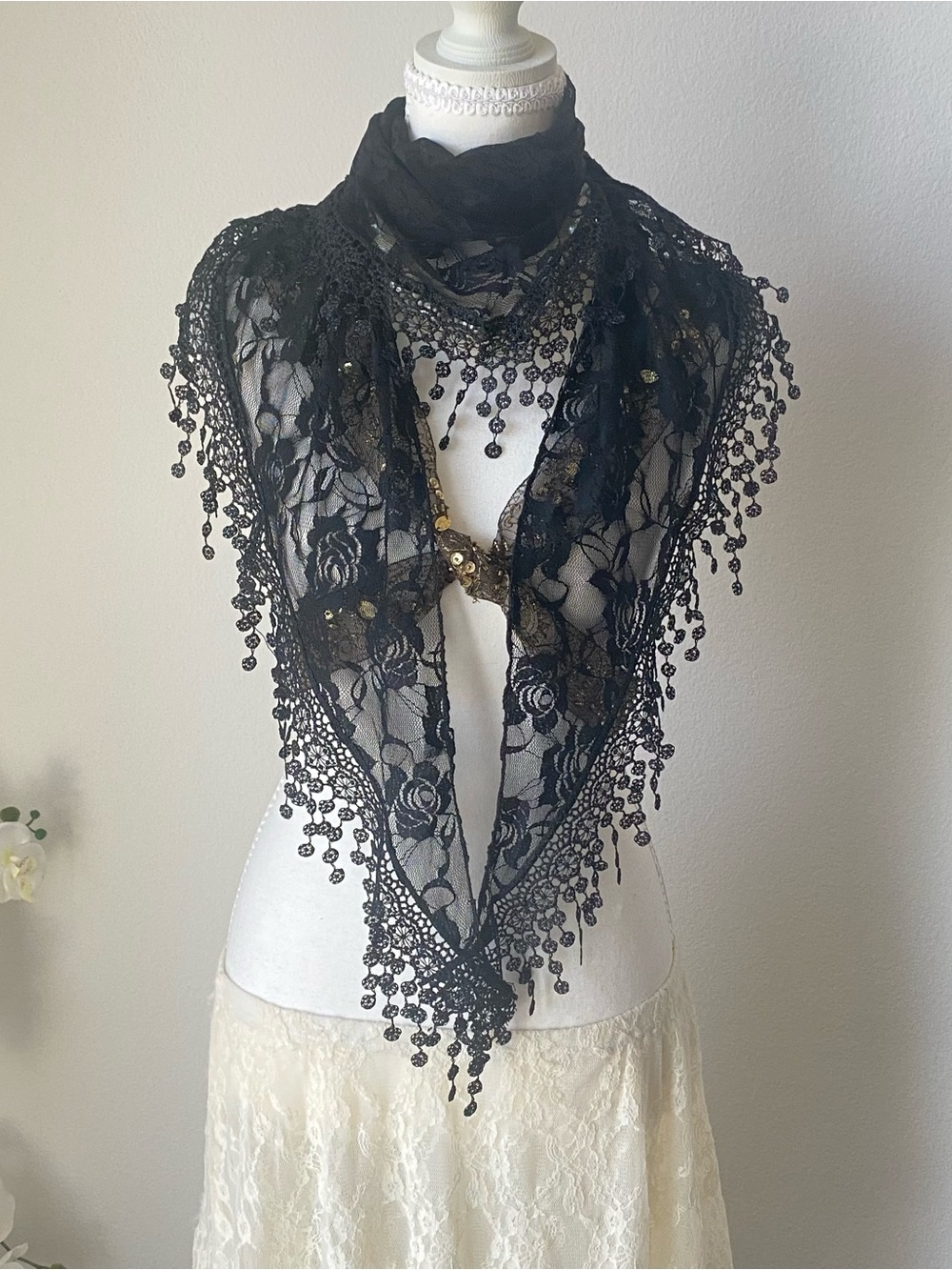 Black Lace Triangle Scarf with Beaded Fringe
